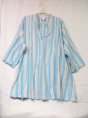 Soft Surroundings Striped Tunic Top Womens Size 3X Blue Roll Tab Sleeve Beach